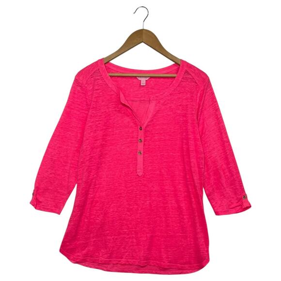 Lilly Pulitzer Shirt Womens Large Linen V Neck Henley Button Lightweight Beach - Picture 1 of 13